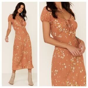 [Nikki Erin] Orange Floral Print Cap Sleeve Peasant Midi Slip Dress Size Large L